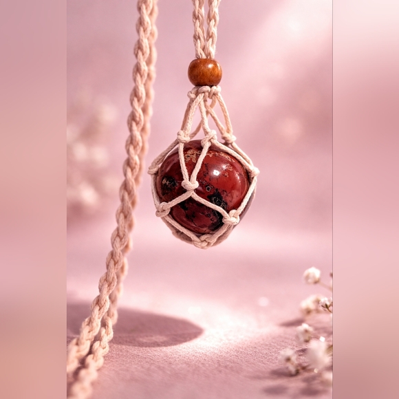 Jewelry - Red Jasper Pendant Necklace with Natural Cord - Boho Stone Jewelry